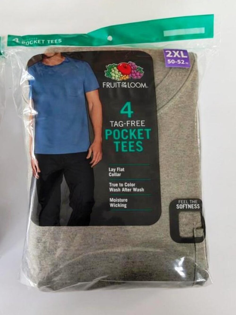 Fruit of the Loom Men's Lay Flat Pocket Tees 4 Pk, Dark Gray, Size 2XL - New